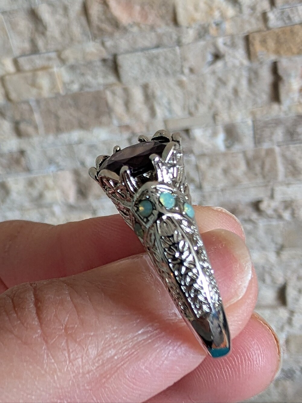 Art Deco Vintage Inspired Purple Faux Opal Statement Ring Silver Tone Filigree - Picture 5 of 13